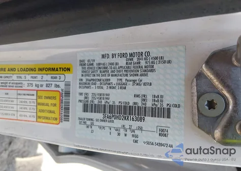 2019 Ford Fusion Se z USA, uszkodzony, nr VIN 3FA6P0HD2KR163089